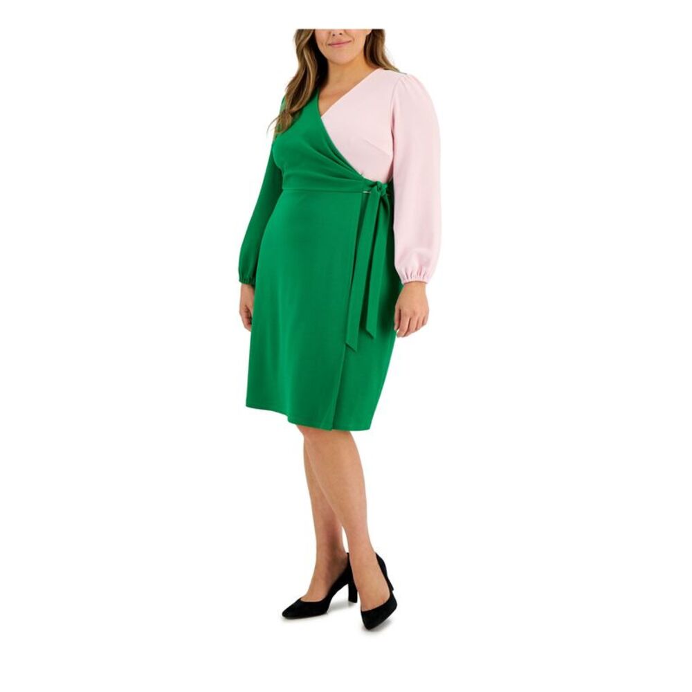NWT KASPER DRESS Womens Green Tie Pull On Balloon Sleeve Dress XXL